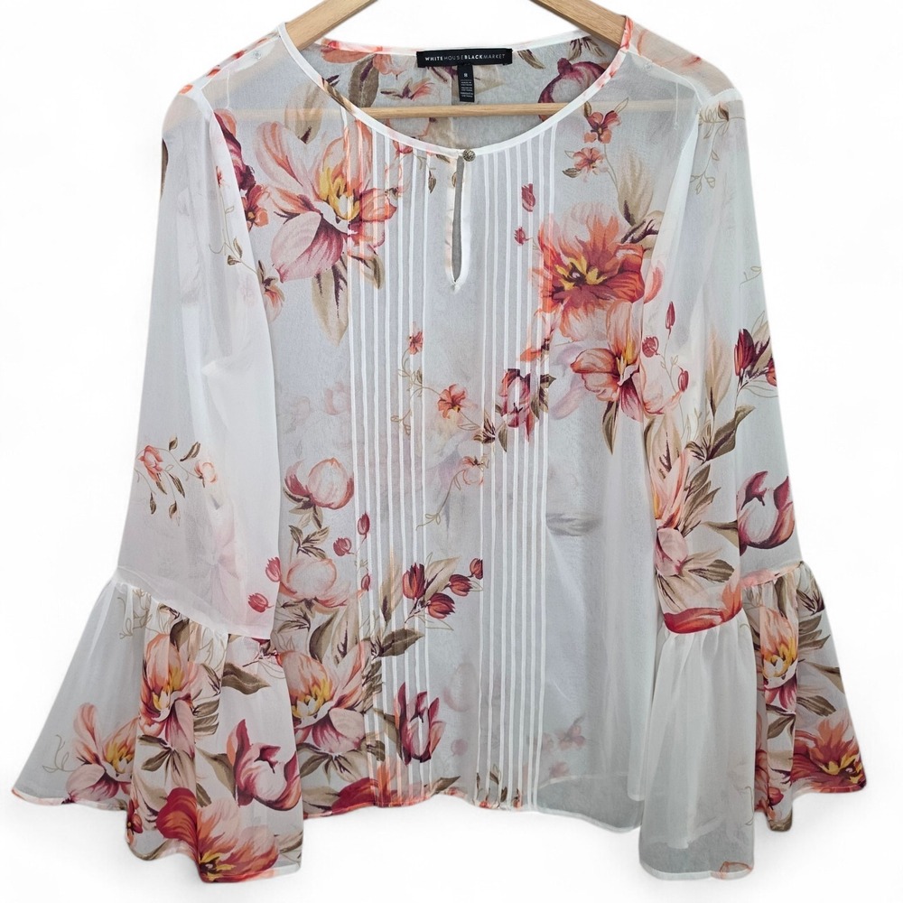 White House Black Market Top Womens 8 White Pink Floral‎ Print Sheer Bell Sleeve